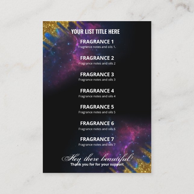 Galaxy Glitter Black And Gold Fragrance List Card (Back)