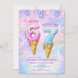Galaxy Glitter Disco Ball 7 Birthday Ice Cream Invitation