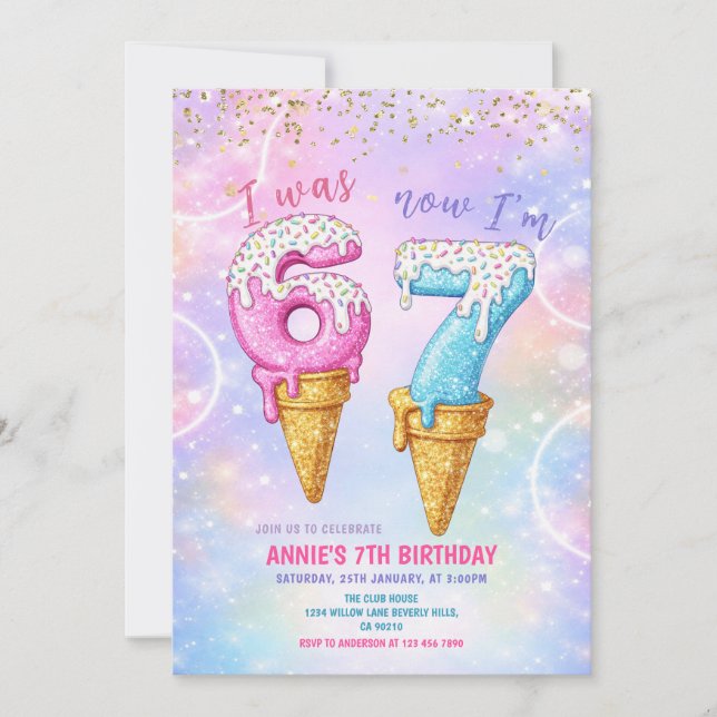 Galaxy Glitter I Was 6 Now 7 Birthday Ice Cream  Invitation (Front)