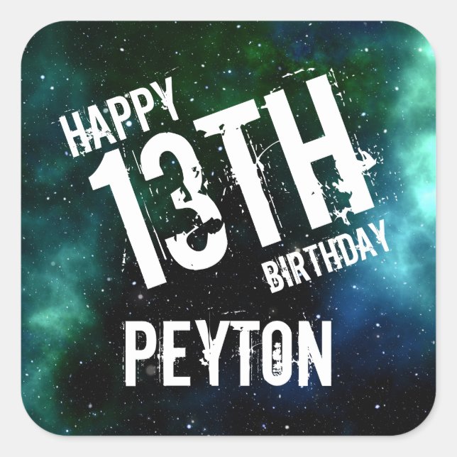 Galaxy Green Blue Personalised Birthday Party Square Sticker (Front)