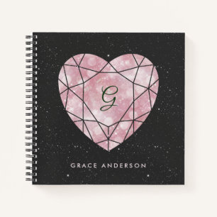 Galaxy Heart   Blush and Black Geometric Monogram Notebook