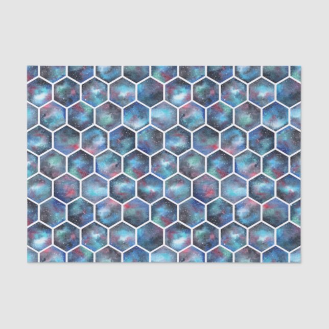 Galaxy Hexagon Pattern in Deep Space Blue Tissue Paper (Front)