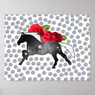 Galaxy Horse Black White Nebula Roses and Diamonds Poster