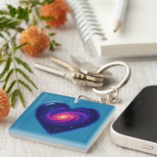 Galaxy in Glass Heart Key Ring