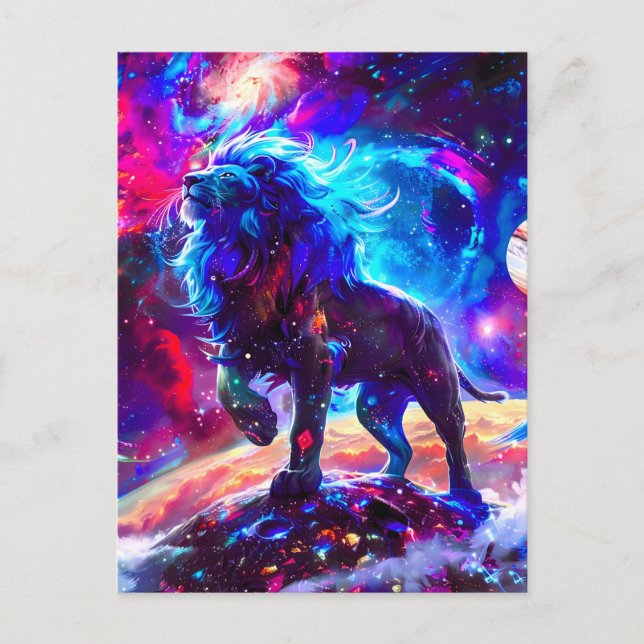 Galaxy Lion Blue Holiday Postcard (Front)