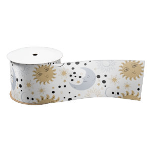 Galaxy Lover Starry Sky Sun Half Moon Sketch Style Satin Ribbon
