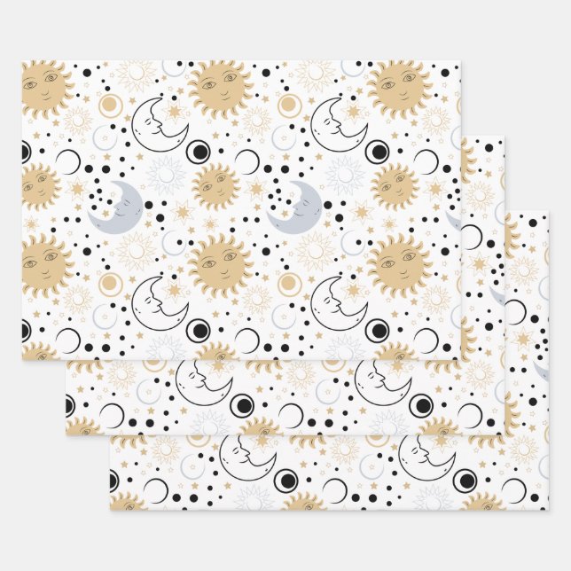 Galaxy Lover Starry Sky Sun Half Moon Sketch Style Wrapping Paper Sheet (Set)