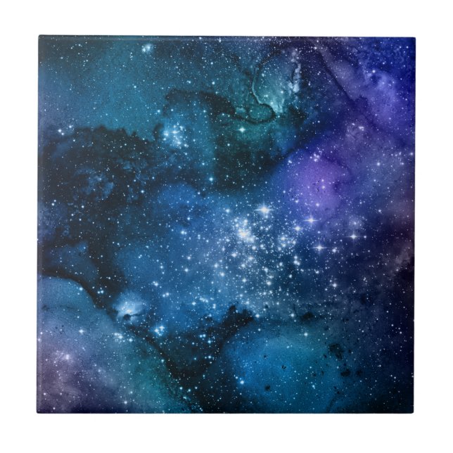 Galaxy Lovers Starry Space Blue Sky White Sparkles Ceramic Tile (Front)