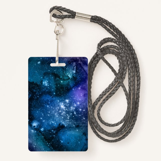 Galaxy Lovers Starry Space Blue Sky White Sparkles ID Badge (Front with Lanyard)