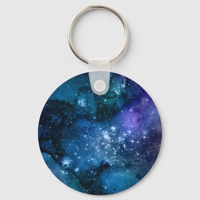 Galaxy Lovers Starry Space Blue Sky White Sparkles Key Ring (Front)