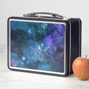 Galaxy Lovers Starry Space Blue Sky White Sparkles Metal Lunch Box