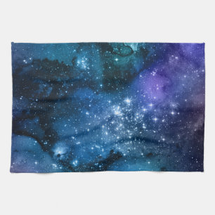 Galaxy Lovers Starry Space Blue Sky White Sparkles Tea Towel