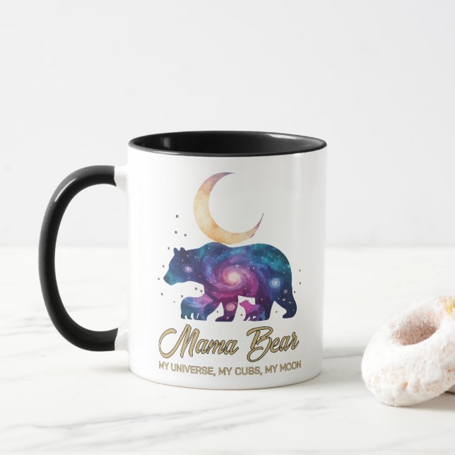 Galaxy Mama Bear & Cubs Moon Silhouette Mug (With Donut)