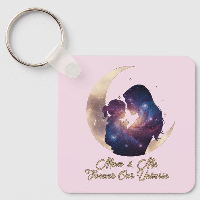 Galaxy Mama & Child Silhouette Moon Art Key Ring (Front)