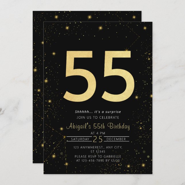 Galaxy Modern Black and Gold 55th Birthday Party Invitation (Front/Back)