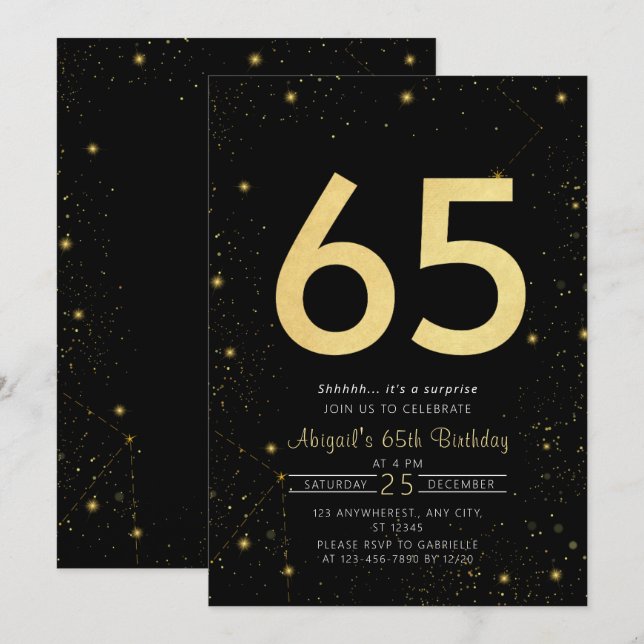 Galaxy Modern Black and Gold 65th Birthday Party Invitation (Front/Back)
