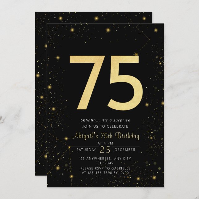 Galaxy Modern Black and Gold 75th Birthday Party Invitation (Front/Back)