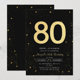 Galaxy Modern Black and Gold 80th Birthday Party Invitation