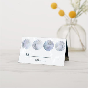 Galaxy Moon Blue Gold Stars Wedding Place Card