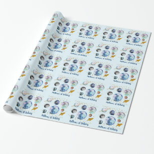 Galaxy Outer Space Blue Gold Birthday Wrapping Paper