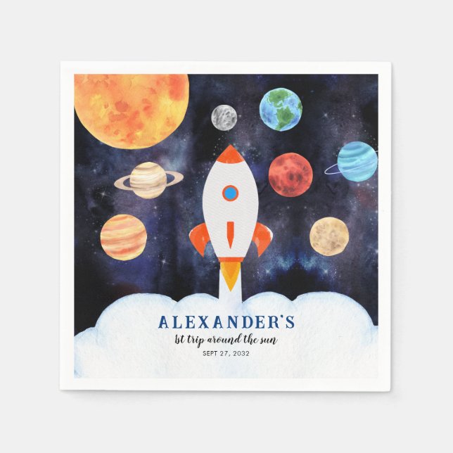 Galaxy Outer Space Planets Rocket Kids Birthday Napkin (Front)