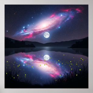 Galaxy Over Moonlit Lake with Cosmic Reflection Poster