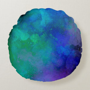 Galaxy Paint Splatter effect Green Blue  Round Cushion