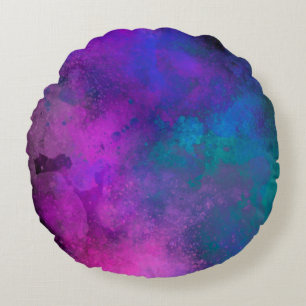 Galaxy Paint Splatter effect pink blue green Round Cushion