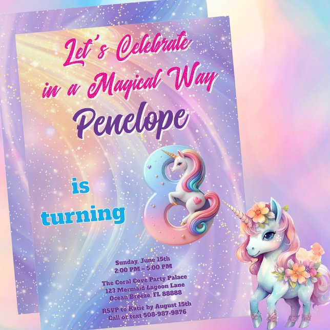 Galaxy Pastel Unicorn 8th Birthday Magical Girl Invitation (Magical Unicorn Birthday Party Invitation)
