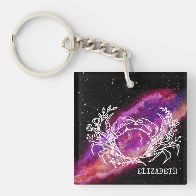 Galaxy Pink Cancer Zodiac Constellation Sign Key Ring (Front)