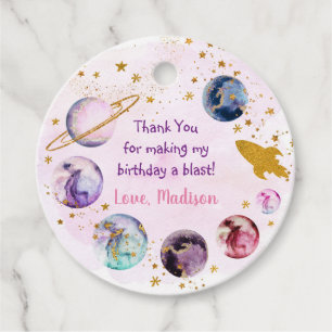 Galaxy Pink Gold Outer Space Birthday Favour Tags