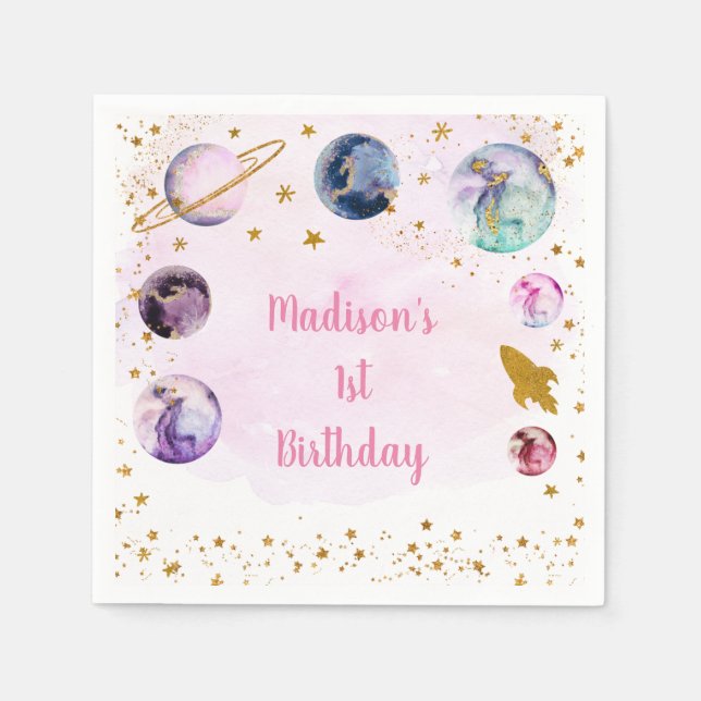 Galaxy Pink Gold Outer Space Birthday Napkin (Front)