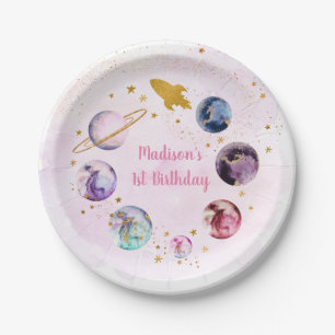 Galaxy Pink Gold Outer Space Birthday Paper Plate