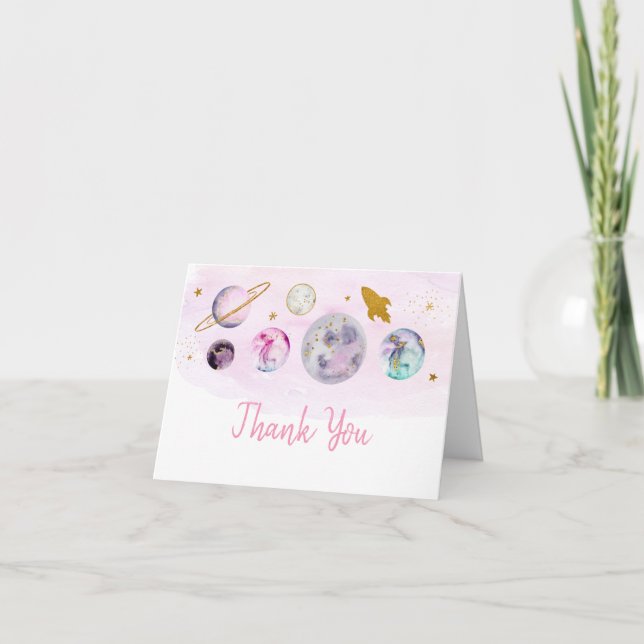 Galaxy Pink Gold Outer Space Birthday Thank You Card (Front)