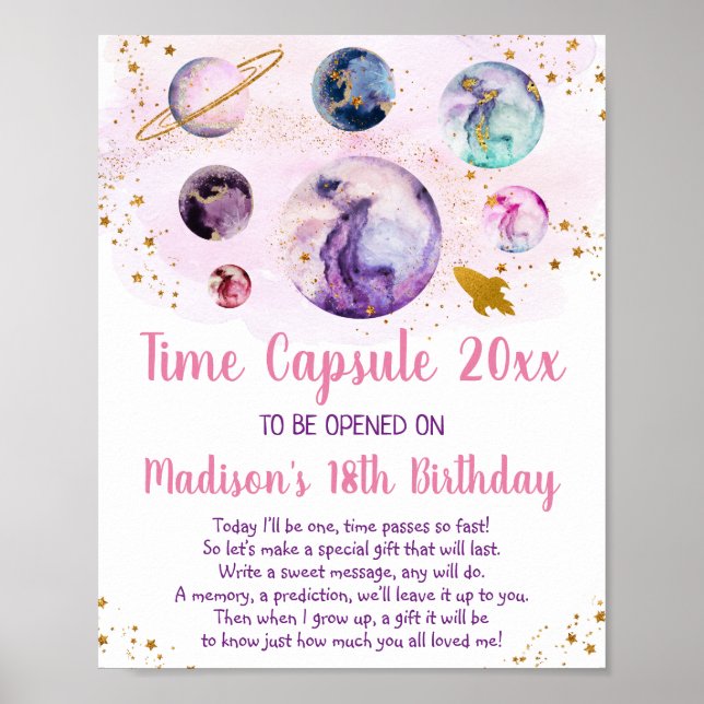 Galaxy Pink Gold Space Time Capsule 1st Birthday Poster (Front)