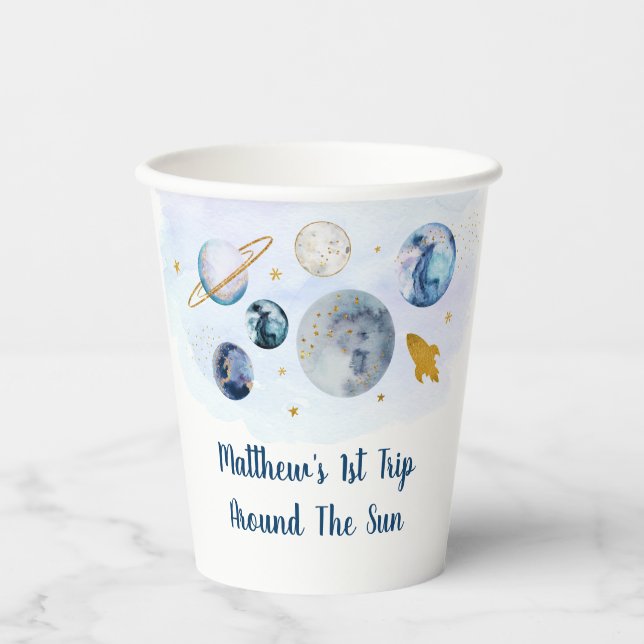  Galaxy Planets Space Blue Gold Birthday Paper Cups (Front)