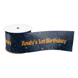 Galaxy Planets & Stars Outer Space Birthday Party Satin Ribbon
