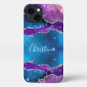 Galaxy Purple, Blue Marbled Agate & Silver Glitter iPhone 13 Case