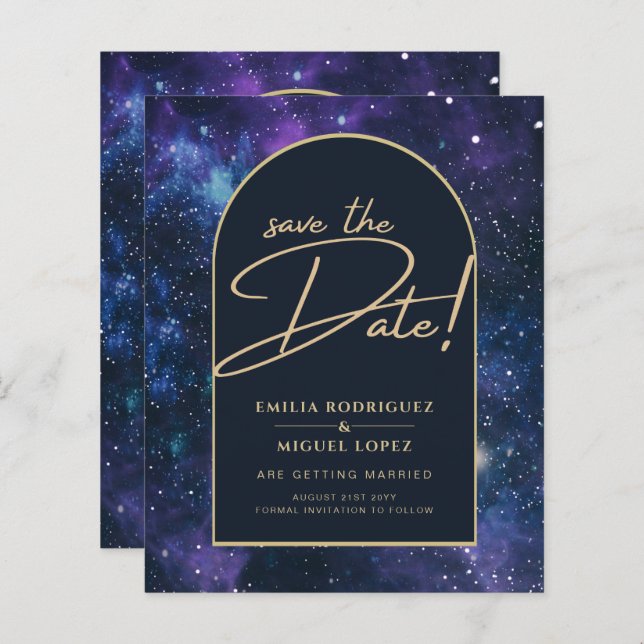 Galaxy Purple Blue Starry Night Wedding Save Date (Front/Back)