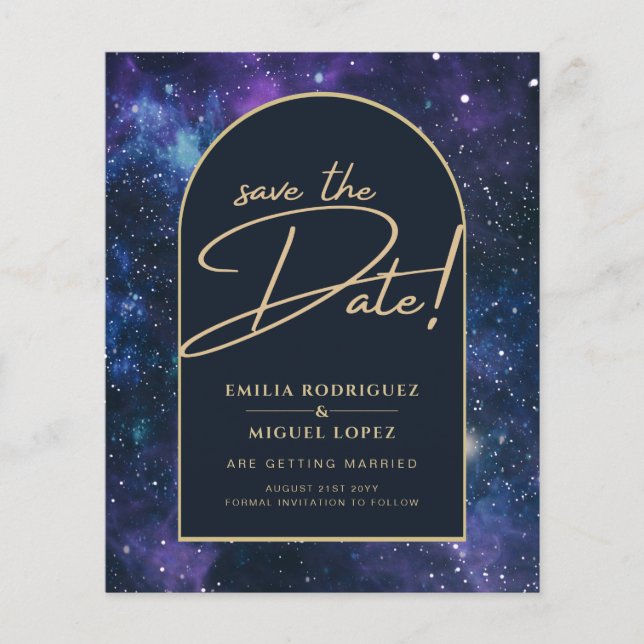 Galaxy Purple Blue Starry Night Wedding Save Date Flyer (Front)