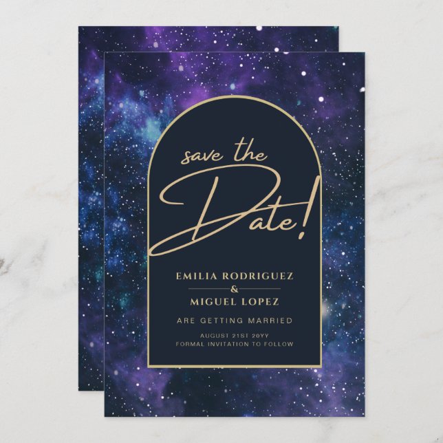 Galaxy Purple Blue Starry Night Wedding Save Date Invitation (Front/Back)