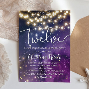 Galaxy Purple Stars String Lights 12th Birthday Invitation