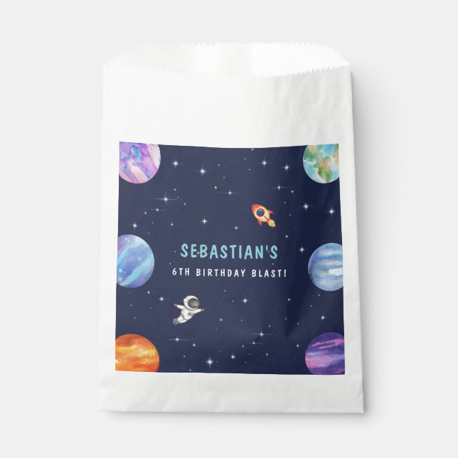 Galaxy Rocket Ship Cute Birthday Party Blue Favour Bag (Front)