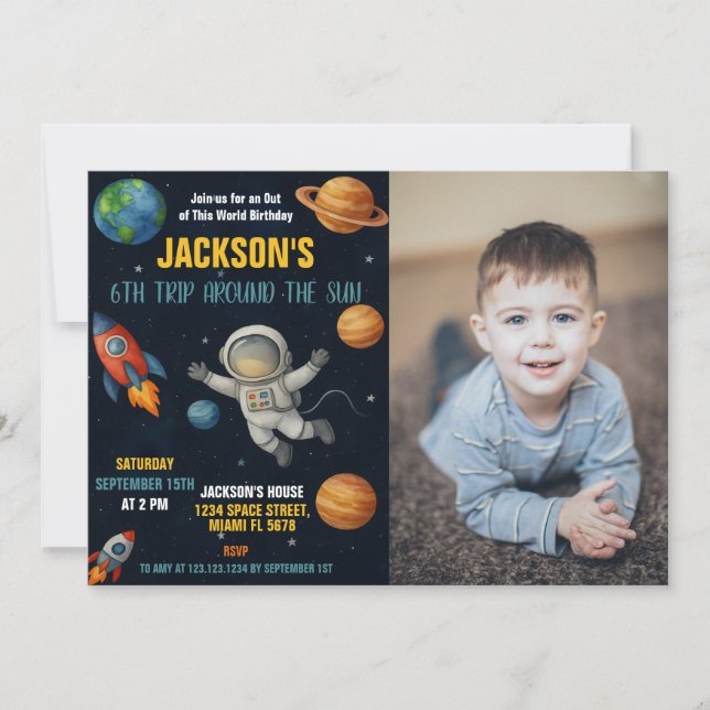 Galaxy Rocket Ship Party Invite with photo (Front)