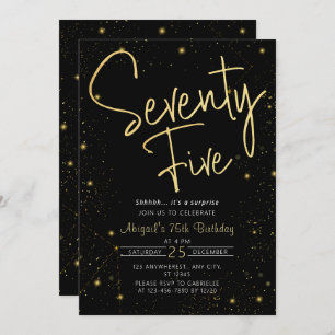 Galaxy Script Black and Gold 75th Birthday Party Invitation