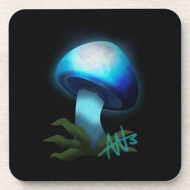 Galaxy Shiitake Glowing Light Blue Mushroom Coaster (Front)