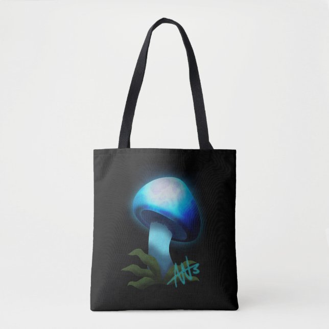 Galaxy Shiitake Glowing Light Blue Mushroom Tote Bag (Front)