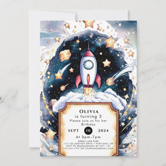 Galaxy Simple Rocket Birthday Invitation (Front)
