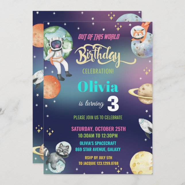Galaxy Space Astronaut Planets Girl Birthday Party Invitation (Front/Back)