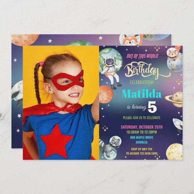 Galaxy Space Astronaut Planets Girl Birthday Photo Invitation (Front/Back)